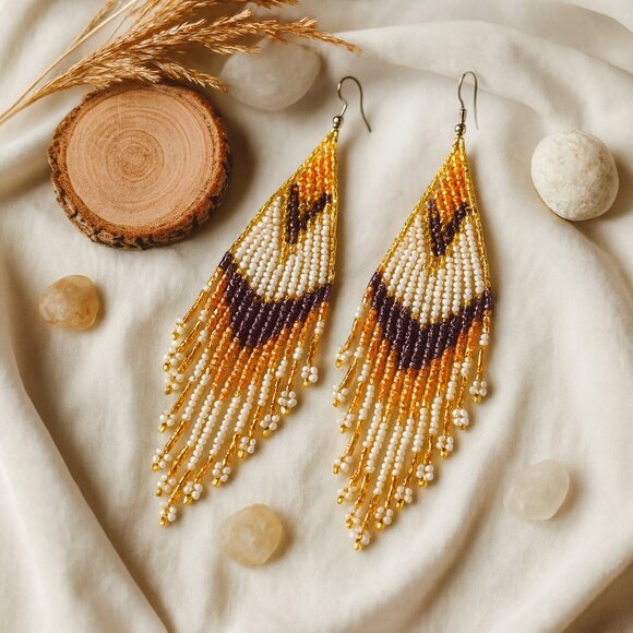 ๐๏ธ Boho Chic Handmade Beaded Statement Earrings | Geometric Tribal Design - Picture 4 of 11